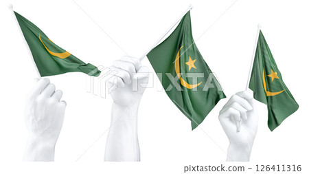 Hand holding flag of Mauritania. Isolated 3d Rendering Hand holding flag of Mauritania. Isolated 3d Rendering 126411316
