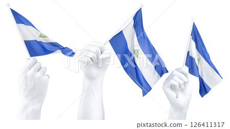 Hand holding flag of Nicaragua. Isolated 3d Rendering Hand holding flag of Nicaragua. Isolated 3d Rendering 126411317