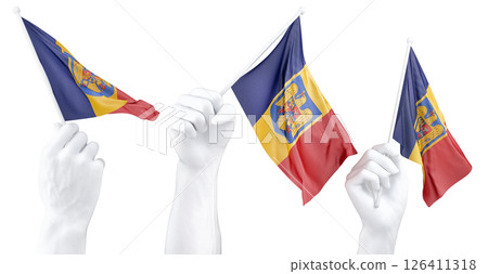 Hand holding flag of Romania with Coat of arms. Isolated 3d Rendering Hand holding flag of Romania with Coat of arms. Isolated 3d Rendering 126411318