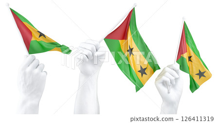 Hand holding flag of Sao Tome. Isolated 3d Rendering Hand holding flag of Sao Tome. Isolated 3d Rendering 126411319