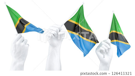 Hand holding flag of Tanzania. Isolated 3d Rendering 126411321