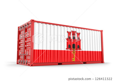 Freight container featuring Gibraltar flag, symbolizing global commerce, import, export, logistics, and supply chain management. 3d Rendering 126411322
