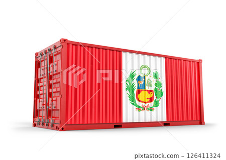 Cargo container displaying Peruvian flag, symbolizing international trade, import, export, logistics, and global commerce. 3d Rendering 126411324