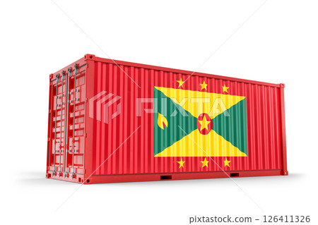 Red cargo container with Grenada flag showing international trade relations on white background. 3d Rendering 126411326