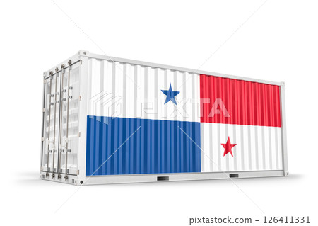 White metal cargo container with Panama flag painted on side, representing international trade, transportation, and global commerce. 3d Rendering 126411331