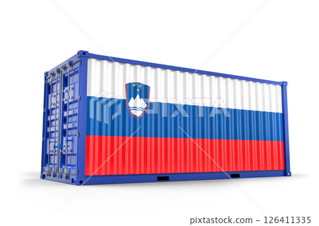 Slovenian flag-painted shipping container displaying national colors and coat of arms against industrial background. 3d Rendering 126411335