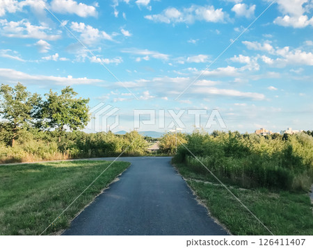 A path in a park with a clear blue sky above A path in a park with a clear blue sky above 126411407