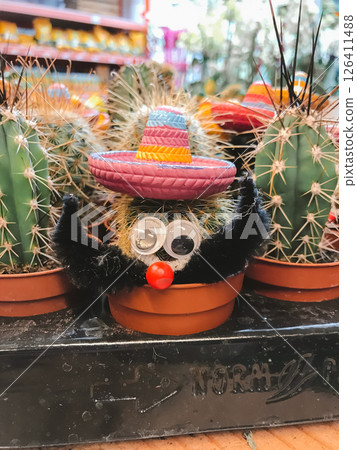 A cactus wearing a sombrero and a red nose A cactus wearing a sombrero and a red nose 126411488