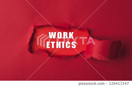 Red background with the word work ethics written in white 126411547