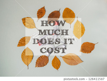 A leafy background with the words How much does it cost written in the center A leafy background with the words How much does it cost written in the center 126411587