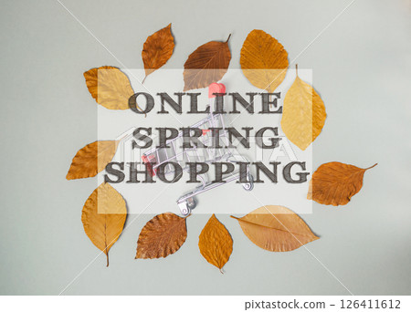 Shopping cart is on top of a pile of leaves Shopping cart is on top of a pile of leaves 126411612