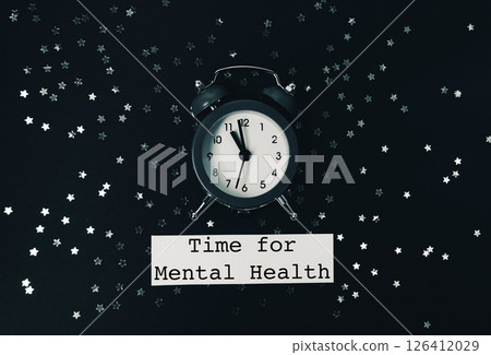 Black and white photo of a clock with the words Time for Mental Health 126412029