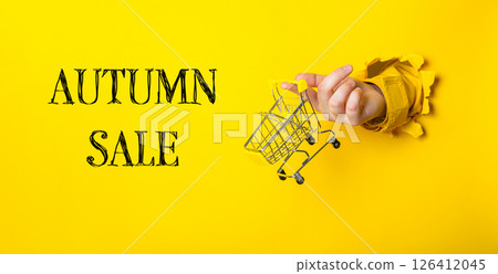 A person holding a shopping cart with the words Autumn Sale written underneath A person holding a shopping cart with the words Autumn Sale written underneath 126412045