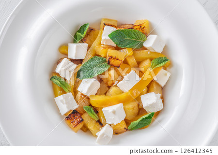 Colorful Salad With Feta, Grilled Peppers, Pineapple And Fresh Mint Leaves Colorful Salad With Feta, Grilled Peppers, Pineapple And Fresh Mint Leaves 126412345
