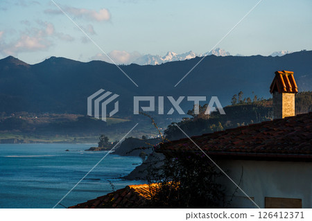 Coastal Houses and Mountains. Lastres, Asturias 126412371
