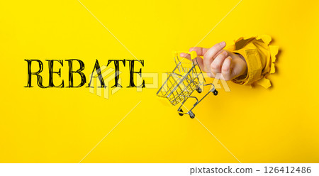 Hand holding a shopping cart with the word REBATE written in the background 126412486