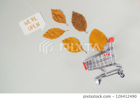 Shopping cart with leaves on it and the words we're open written on it Shopping cart with leaves on it and the words we're open written on it 126412490