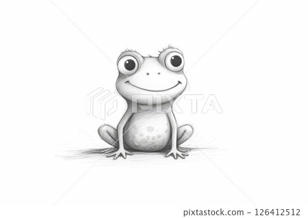 Frog is sitting on a white background with a smile on its face. 126412512