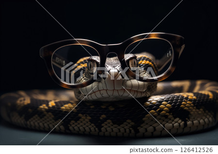 Snake wearing glasses is shown in a black and white photo 126412526