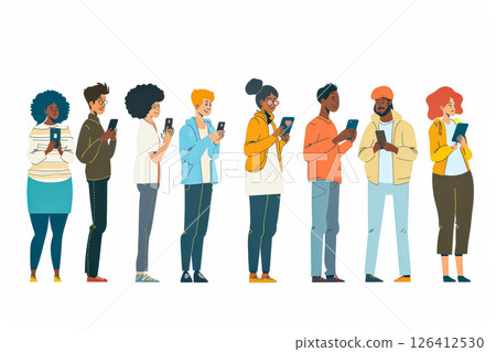 Group of people are lined up and looking at their cell phones 126412530