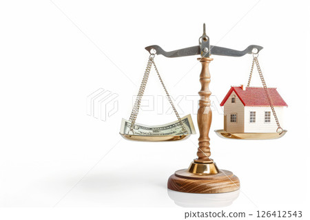 Scale with a house on one side and a stack of one dollar bills on the other 126412543