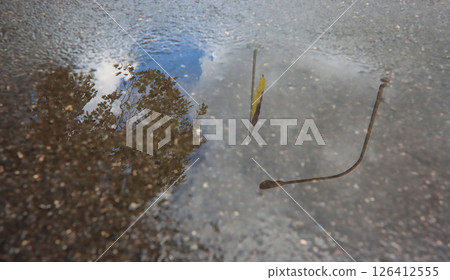 Reflection of the Ukrainian flag, tree and street lamp in a puddle on the asphalt after rain 126412555