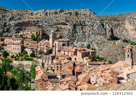 Aerial view of Albarracin's medieval village in Spain 126412563