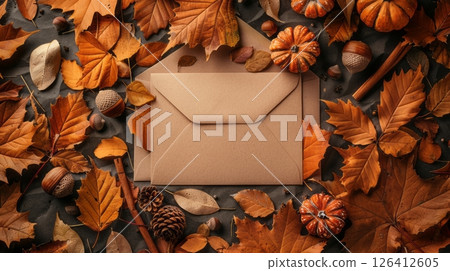Autumn greeting card with kraft envelope and fall leaves Autumn greeting card with kraft envelope and fall leaves 126412605