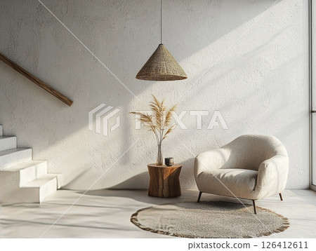 Minimalist lounge corner with armchair and stairs Minimalist lounge corner with armchair and stairs 126412611