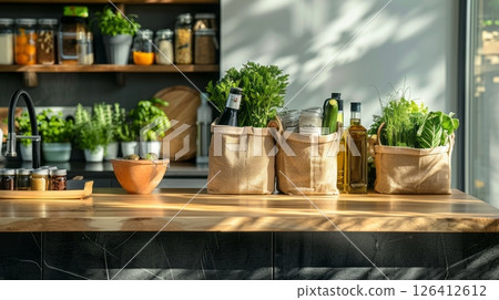 Eco kitchen with fresh produce and herbs Eco kitchen with fresh produce and herbs 126412612