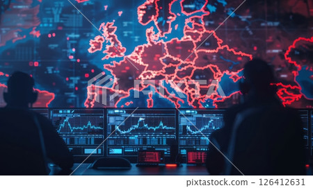 Cyber control room with world threat map 126412631