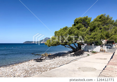 Sunny Mediterranean seafront with pebble beach, pine trees, and coastal promenade with sun loungers and a small cafe. Sunny Mediterranean seafront with pebble beach, pine trees, and coastal promenade with sun loungers and a small cafe. 126412771