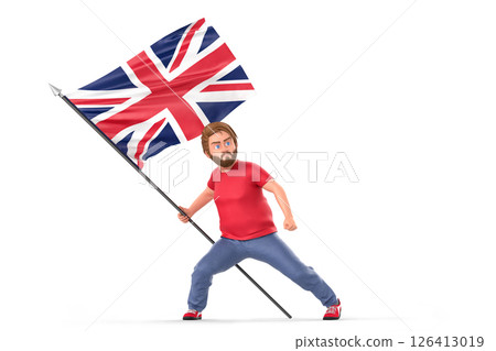 3d cartoon man firmly holding and proudly displaying waving Union Jack flag, celebrating United Kingdom. 3D Rendering 126413019