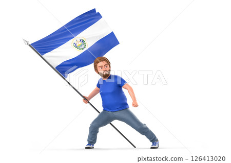 Cartoon character gripping, waving flag of El Salvador, expressing cultural pride. 3D Rendering 126413020