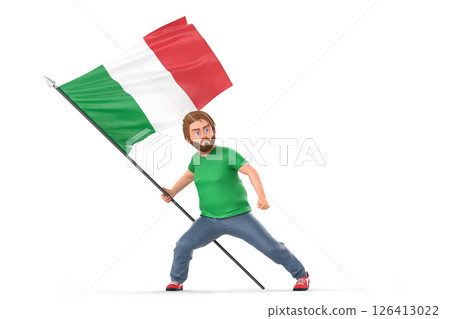 Cartoon male gripping large Italian flag, embodying national pride and cultural heritage. 3D Rendering 126413022