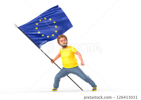 3d illustration of a determined man firmly holding and displaying the European Union flag, symbolizing patriotism and support. 3D Rendering 126413031