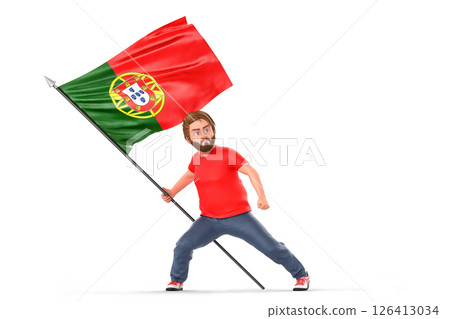 Portuguese man proudly waving national flag, embodying cultural spirit. 3D Rendering Portuguese man proudly waving national flag, embodying cultural spirit. 3D Rendering 126413034