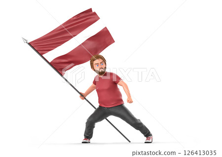 Cartoon character gripping waving Latvian flag. 3D Rendering 126413035