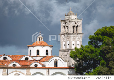Church of the Holy Cross dominating Pano Lefkara village in Cyprus 126413116