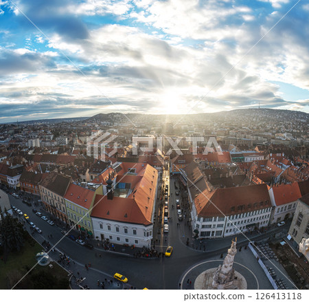 Fisheye lens captures the setting sun illuminating budapest hungary 126413118