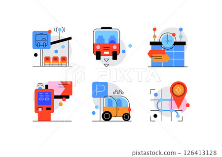 City life and public transport system. Set of icons. Flat graphics 126413128