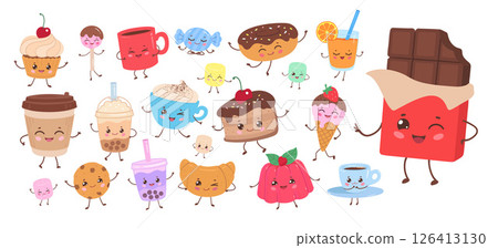 Cute dessert and drink characters 126413130