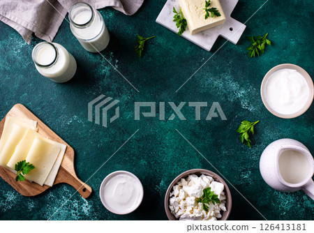 Dairy products. Milk, cottage cheese, cream, butter and yogurt Dairy products. Milk, cottage cheese, cream, butter and yogurt 126413181