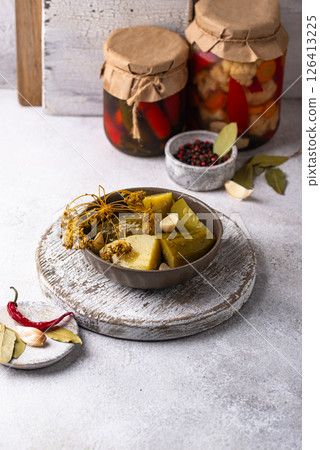 Bowl of pickled marinated cucumbers 126413225