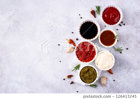 Set of different sauces. Ketchup, mustard, pesto Set of different sauces. Ketchup, mustard, pesto 126413245