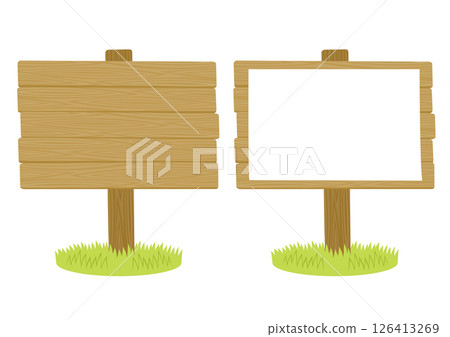 Set of light brown wooden square signboards and grass illustrations Set of light brown wooden square signboards and grass illustrations 126413269