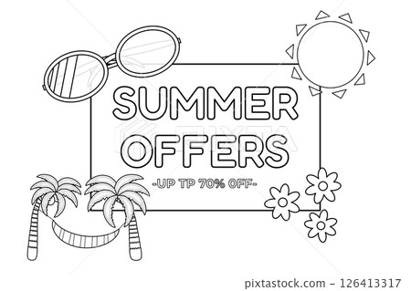 Coloring page outline drawing of summer sale banner with sunglasses, sun, palm trees, flowers, and discount text. For entertaining, summertime promotion, online store, poster, marketing material. 126413317