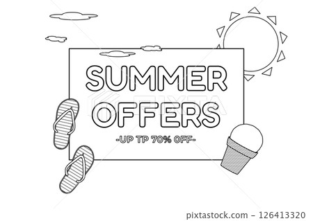 Coloring page outline drawing of summer sale banner with beach flip flops, ice cream, sun, and discount text. For entertaining, summertime promotion, online store, poster, flyer, marketing material. 126413320
