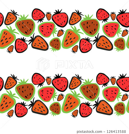 Juicy strawberries and watermelon in a cartoon style, large berries on a white background, a seamless pattern. Juicy strawberries and watermelon in a cartoon style, large berries on a white background, a seamless pattern. 126413588