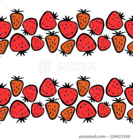 Juicy strawberries and watermelon, large berries on a white background in a cartoon style, a seamless pattern. Juicy strawberries and watermelon, large berries on a white background in a cartoon style, a seamless pattern. 126413589
